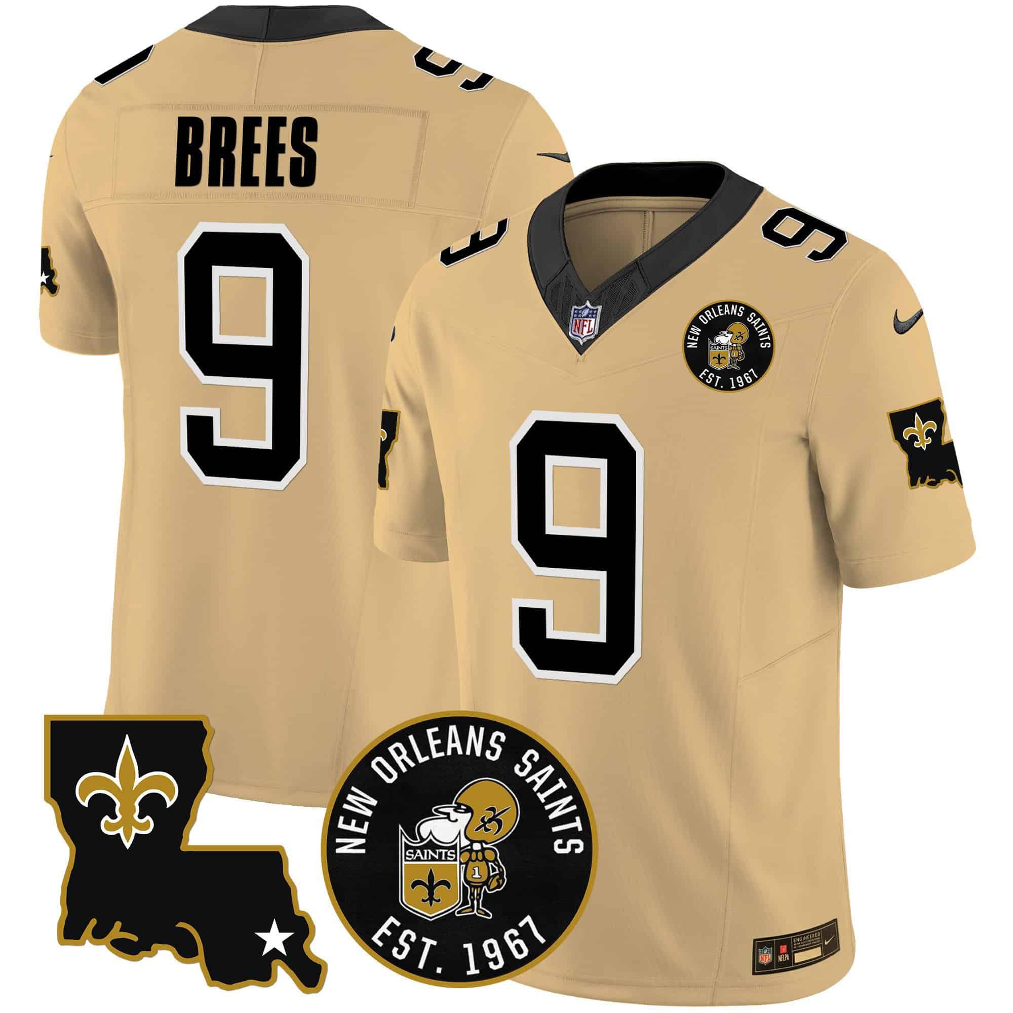 Men New Orleans Saints #9 Brees Yellow 2024 Nike 1967 Patch Vapor Limited NFL Jersey style 1